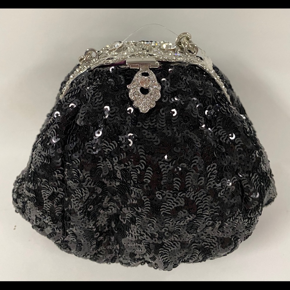 Small black sequin evening pouch with handle